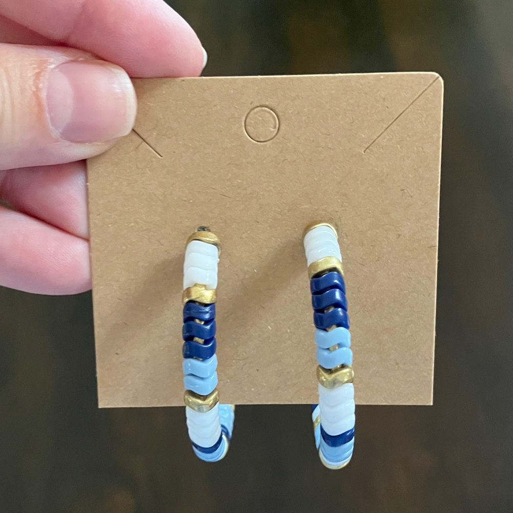 J. Crew Blue and White Beaded Hoop Earrings